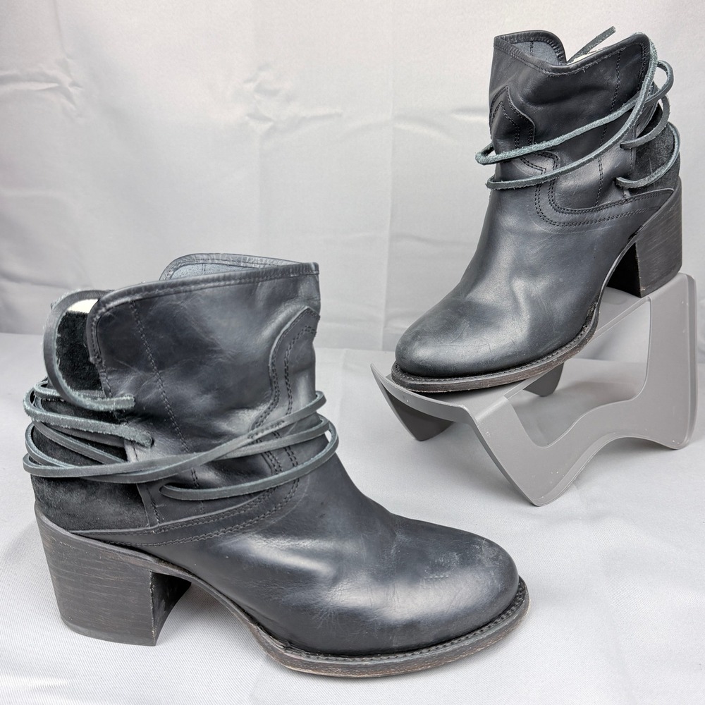 Frye Casey Black Leather Western Ankle Boots Wrap Lace Block Heel Womens 9